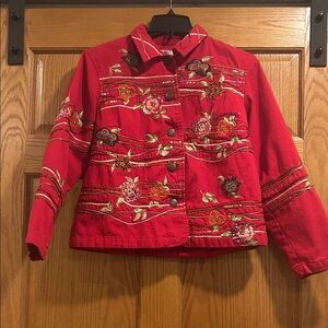 Vintage Coldwater Creek Red Floral Embroidered Jean Jacket Size Petite Medium